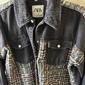 Zara Black and Gray Checkered Denim and Wool Jacket